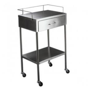 Mesa Pasteur con cajón cubierta y entrepáño de acero inoxidable llantas de 4"