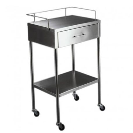 Mesa Pasteur con cajón cubierta y entrepáño de acero inoxidable llantas de 4", HEL-MP-6040-100