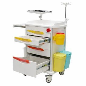 Carro de emergencia con cinco cajones, soporte para desfibrilador y tanque SOS-001