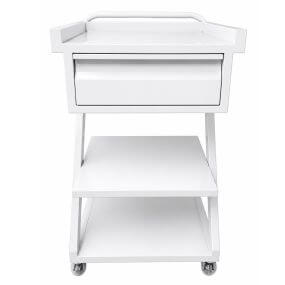 Carro de transporte metálico esmaltado con cajón y entrepaño para equipos médicos