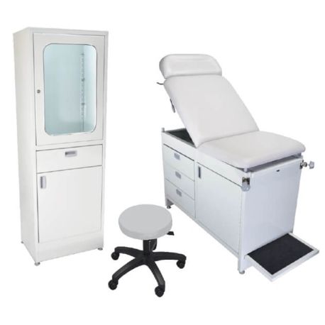 Consultorio Basic Plus con mesa de exploración, vitrina sencilla y banco acojinado, MOC-CNBP